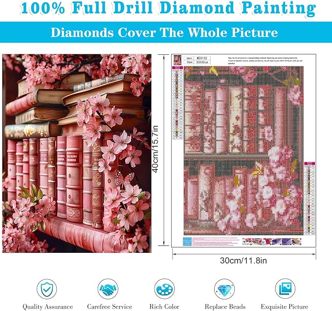 Diamond Art Kits for Adults Pink Bookshelf Diamond Painting Kit 12x16in | 5D Flowers Diamond Art Painting Kit for Adult, DIY Full Round Drill Pink Gem Art Diamond Dots Kits for Home Wall Decor Gift