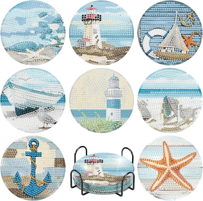 askkqtx 8 Pcs Beach Diamond Art Coasters Kits with Holder 4X4 Inch
