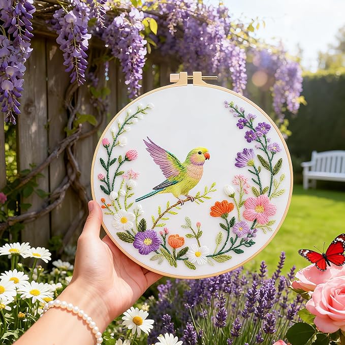 BEUNITONE 4 Set Wreath and Bird Pattern Embroidery Kit for Adult Beginners | DIY Complete Needlepoint Kits for Adults, Handmade Embroidery with Hoops and Instructions Gifts for Fabric Home Decor 20x20cm