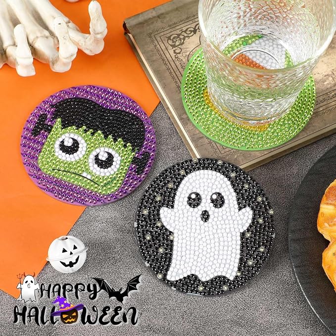 UPINS 8Pcs Halloween Diamond Art Painting Coasters Kits with Holder | Diamond Art Non Slip Coaster Kits ,DIY with Holder crafts, for Adults Diamond Art Painting Kits Supplies