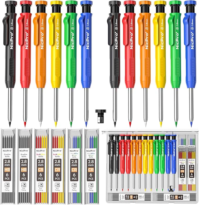 Nicpro Carpenter Pencil with Sharpener, 12Pcs Construction Pencil+52 Refill