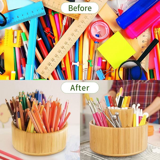 Utoplike Bamboo Rotating Art Supply Desk Organizer, Pencil Holder Desktop