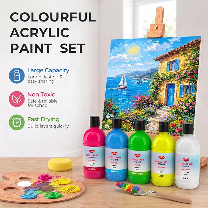 Smallbudi Bulk Acrylic Paint Set, 12 Colors 16.9oz for Artists & Beginners | Rich Pigment, Large Non-Toxic Acrylic Paint Kit for Adult Painting Party, Large-Scale Art, Ideal for Canvas Wood Crafts Rock