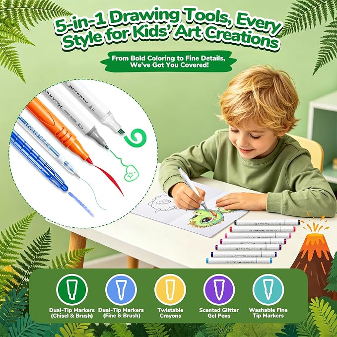 DreamyCandy 72 Pcs Washable Markers Set for Kids 4-8, Dinosaur Art Set Gift