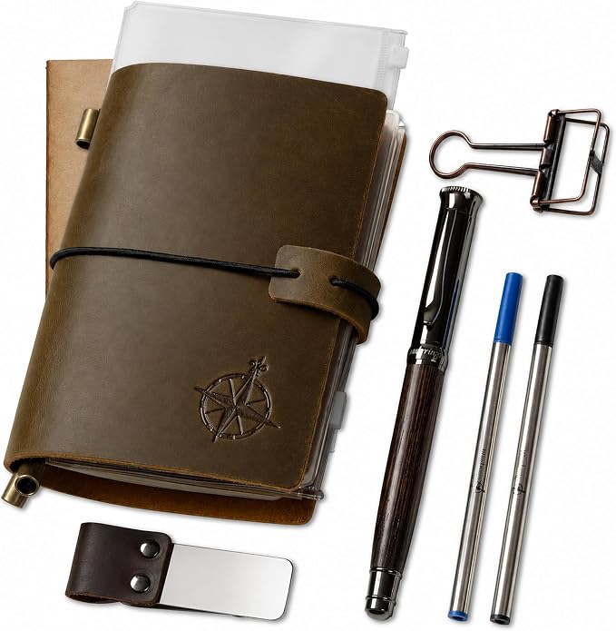 WANDERINGS Pocket Size Travelers Notebook Bundle – 4" x 5.1" (10 x 13cm) – Genuine Leather Journal with Pen Holder, Pen, 2 Ink Refills, PVC Folder & Binder Clip