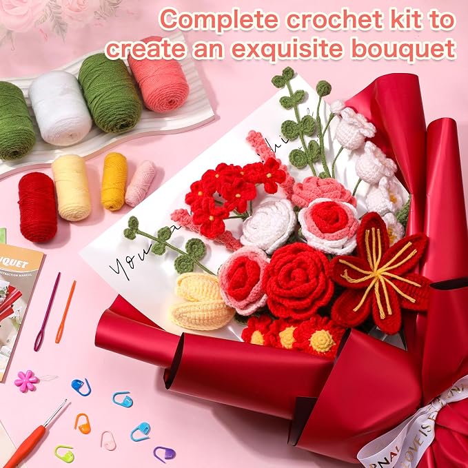 Iuuidu Crochet Kit for Beginners, Flower Bouquet Crochet Kit Rose Red