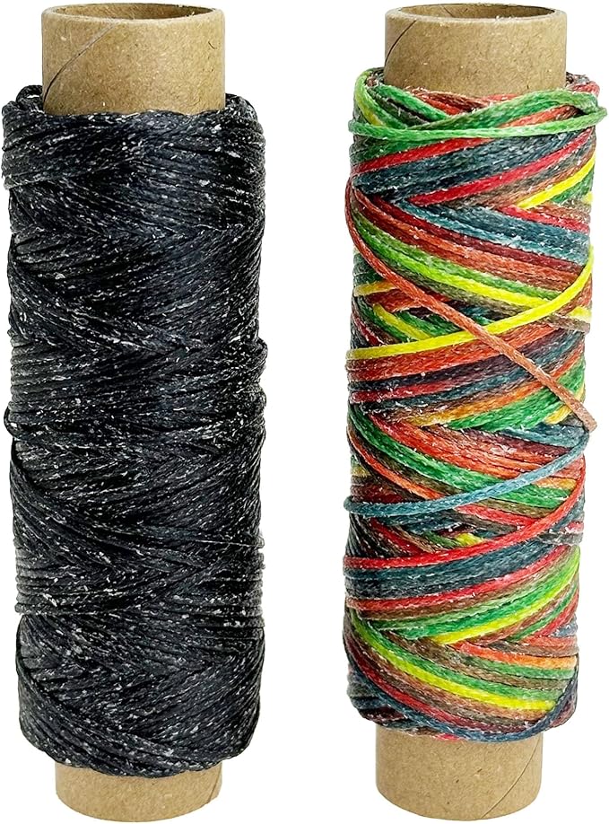 2 PCS Leather Sewing Waxed Thread, Each of 33 Yards 150D Sewing Thread Cord for Leather Craft DIY Supplies, Shoes Repairing, Black and Colourful