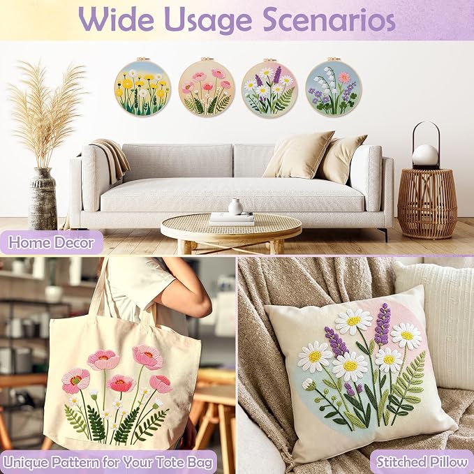 Louise Maelys 4 Pack Watercolor Floral Embroidery Kit for Beginners
