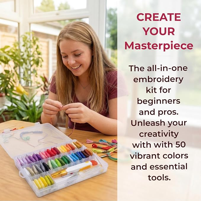 Huacan Embroidery Floss Kit with Storage Box 50 Colors Stitching Threads Sewing Kits 67 Pcs DIY Cross Stitch Accessories Set for Adults Beginner