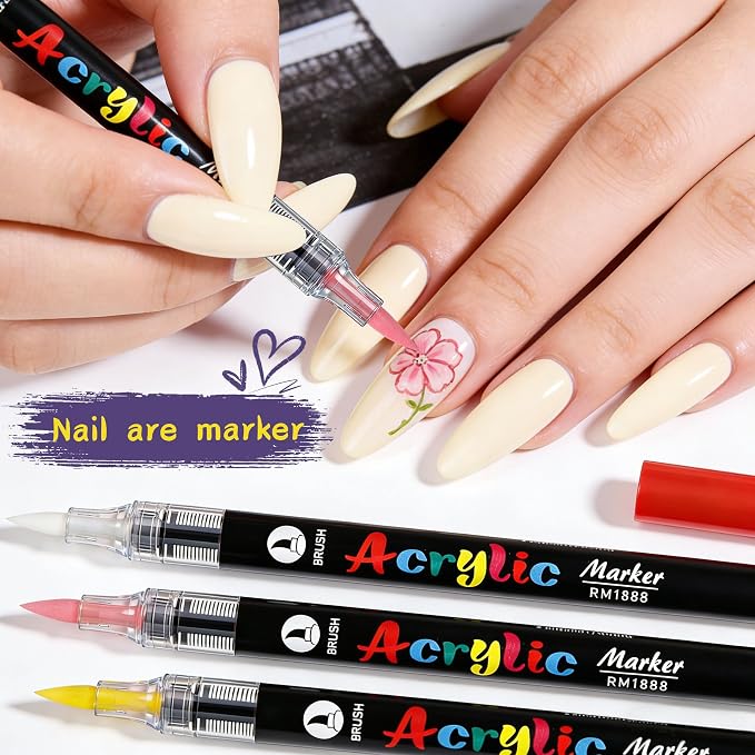 Artdone 12 Colors Nail Art Pens Set, 3D Quick-Drying Acrylic Paint Markers Nail Point Graffiti Dotting Drawing Liner Brush for DIY Gel Nail Polish Design Manicure Tools