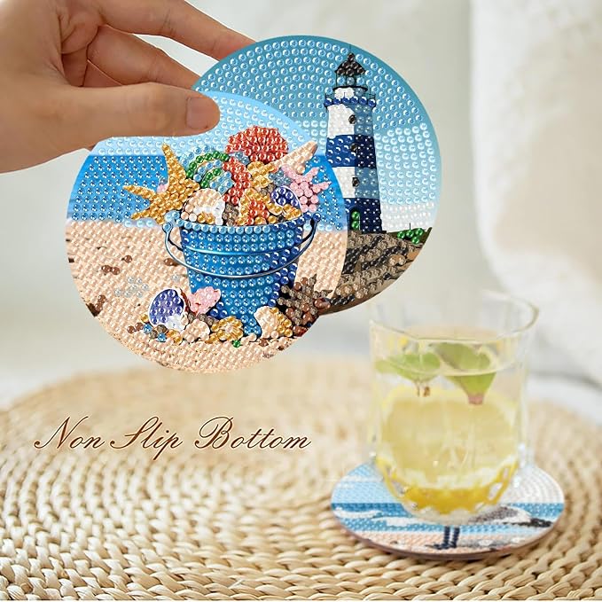 askkqtx 8 Pcs Beach Diamond Art Coasters Kits with Holder 4X4 Inch