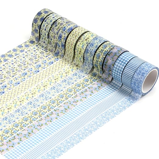 12 Roll Floral Washi Tape Set Flower Decorative Masking Tape for Scrapbook | Blue Hydrangea Washi Tape Set for Back to School Arts DIY Craft Scrapbook Journal Supplies Gifts