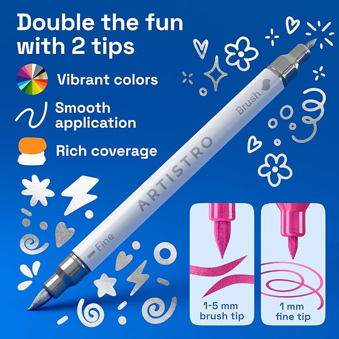 ARTISTRO 5 Metallic Dual-Tip Acrylic Paint Marker Pens for Drawing | For Fabric, Rock, Glass, Wood, & Molds, Arts & Crafts Gift for Adults, Teens, & Kids, Classroom Must Haves & School Supplies