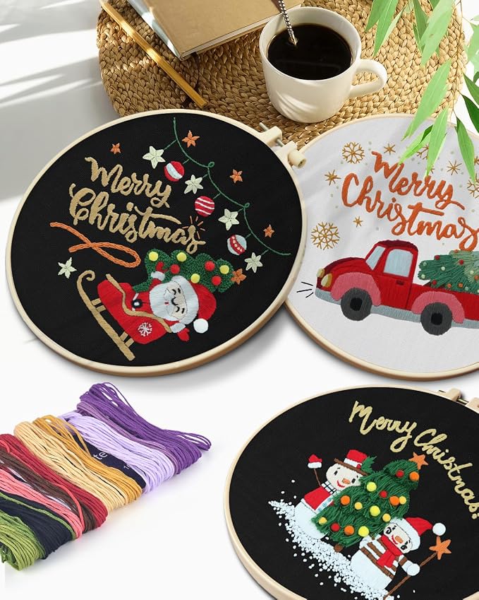TINDTOP Christmas Embroidery Kit for Adult Beginners, 3 Sets Embroidery Stitch Practice kit Include Embroidery Cloth Hoops Threads for Craft Lover Hand Stitch | 3 Sets for Beginners, Include Embroidery Cloth Hoops Threads for Craft Lover Hand Stitch