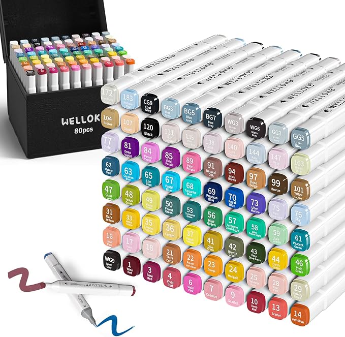 WELLOKB Alcohol Markers,80 Colors Dual Brush Tip Permanent Art Markers for Adults Coloring Illustrations Sketch,Christmas gift,Alcohol Based Marker with Case,for Book Painting Card Making