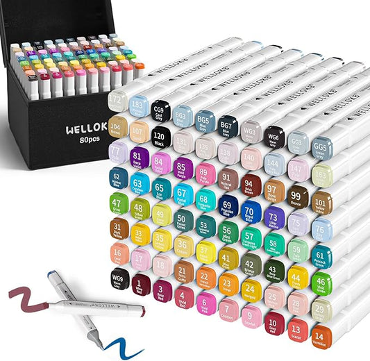WELLOKB Alcohol Markers,80 Colors Dual Brush Tip Permanent Art Markers for Adults Coloring Illustrations Sketch,Christmas gift,Alcohol Based Marker with Case,for Book Painting Card Making