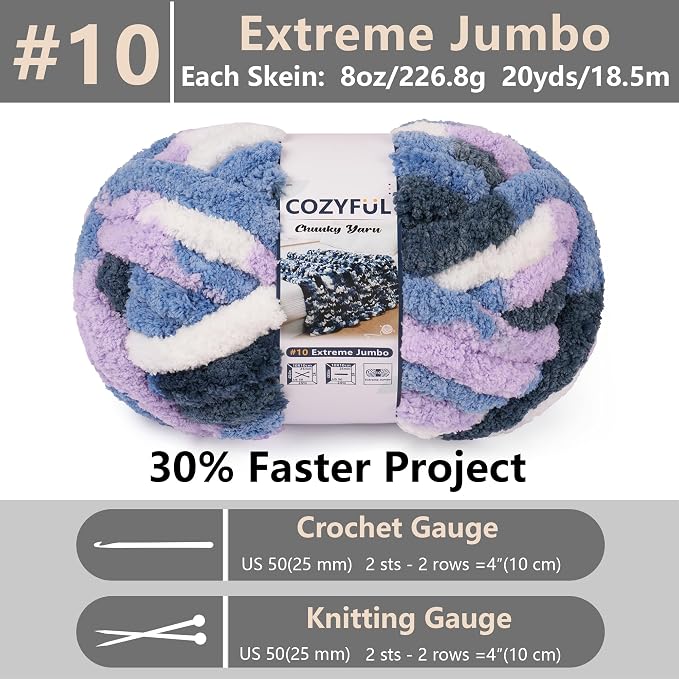 Cozyful Chunky Yarn for Hand Knitting - #10 Chunky Chenille Blanket Yarn, Jumbo Big Thick Chunky Yarns for Crocheting, Tie Dye Bulky Knit Yarns, 8 Skein (20 yds 8 oz Each Skein), Multi Blue&Purple