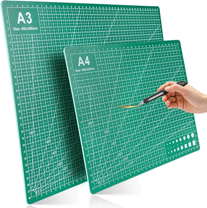2 Pcs Large Cutting Mat Self Healing,Double Sided,Grid Line And Angles Help To Cut Precisely,Craft Mats for Scrapbooking, Quilting, Sewing and All Arts,Non Slip & Easy Clean ((A3 & A4 Green)