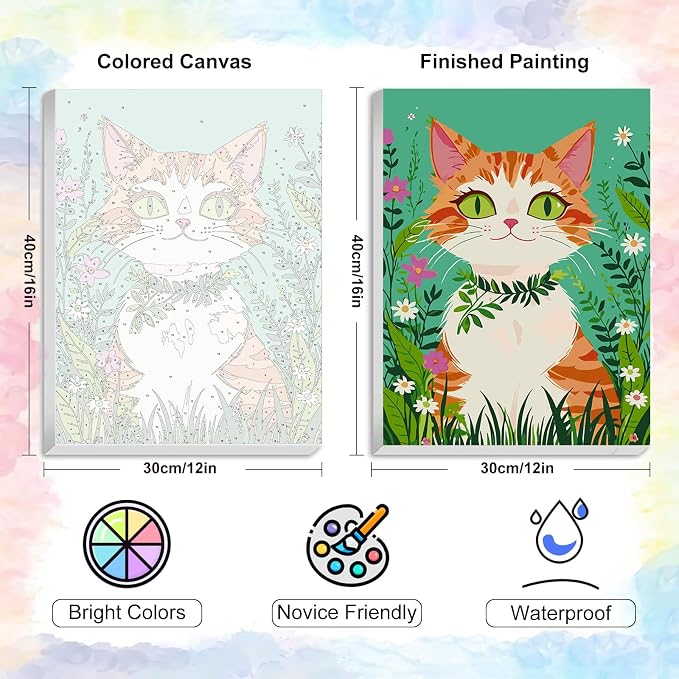 Yezavesu Orange Cat Framed Paint by Numbers Kit for Adults Beginner | With Frame Canvas 12x16 Inch, DIY Acrylic Painting by Numbers Cat, Stress Relief Craft Kits, Home Wall Decor Gift
