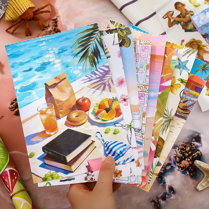 PRSTINCOL Summer Beach Stickers Book,50 Sheets Vintage Ocean Sticker Book for Journaling Scrapbooking,8.3x5.5 Inch Aesthetic Surf Stickers for Adults Crafts