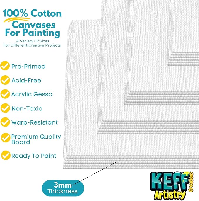 KEFF 24-Pack 𝗣𝗥𝗘𝗠𝗜𝗨𝗠 Canvas for Painting, 6 of 5x7, 8x10, 9x12,11x14 Painting Canvas Boards, Art Supplies for Adults & Kids - 100% Cotton Primed Canvases for Painting Acrylic, Oil, Watercolor