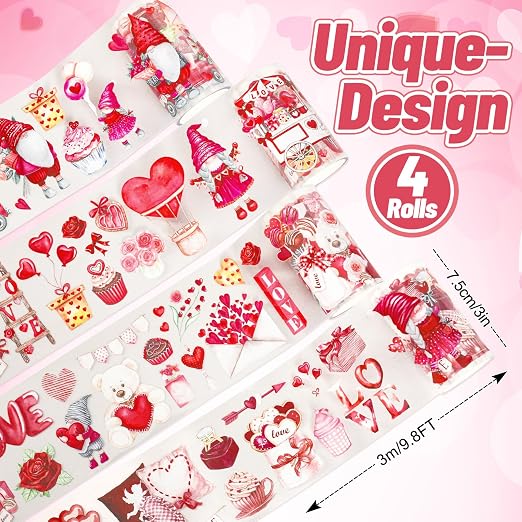 JarThenaAMCS 39.2Ft Valentine's Day PET Washi Tape 4 Rolls Pink Red Love Heart Gnome Transparent Adhesive Masking Tape for Cut & Use as Wedding Stickers Scrapbook Journal DIY Crafts Wrapping