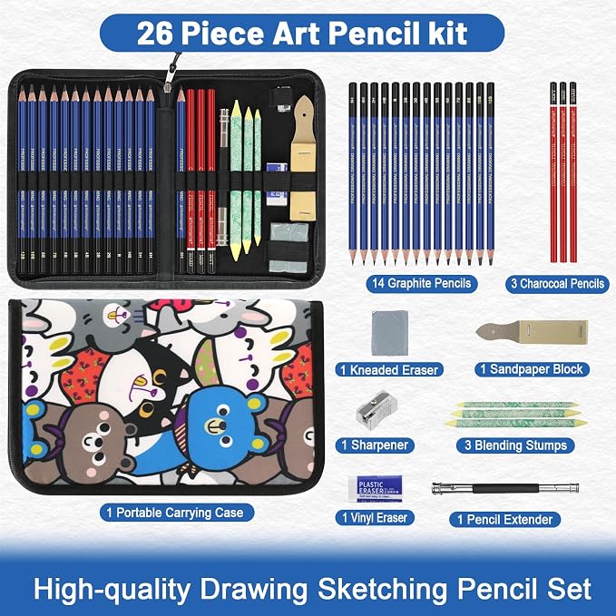 25 Pack Sketching Pencil Set with Cartoon Case, Graphite Drawing Pencils Kit with Charcoal, Blending Stumps & Erasers, Professional Art Supplies for Artists, Beginners, Shading