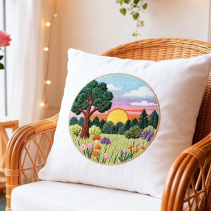 BEUNITONE 4 Set Forest Pattern Embroidery Kit for Adult Beginners Scenery Pre-Printed Designs Cross Stitch Kits, Needlepoint Kits for Adults, Handmade Embroidery for Home Decor 20x20cm
