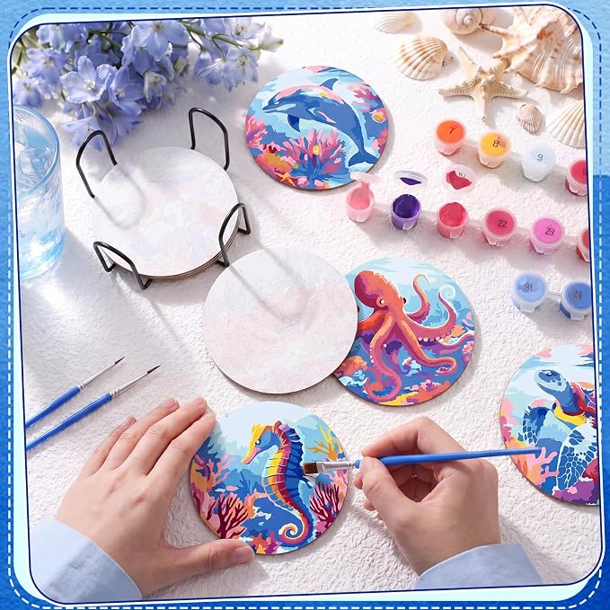 Reallnaive 8 Pcs Ocean Paint by Numbers Kit for Adults Wood Coastal Coaster | Mini Paint by Numbers, Tiny Marine Animal Round Oil Painting Drink Coaster with Holder, for Small DIY Craft Pink Blue Gift