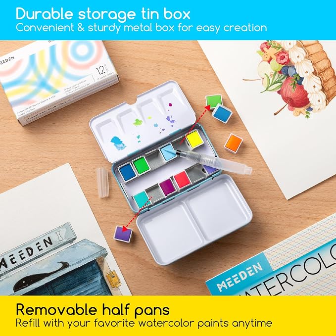 MEEDEN Portable Watercolor Paint Set: 12 Colors Travel Watercolor Set