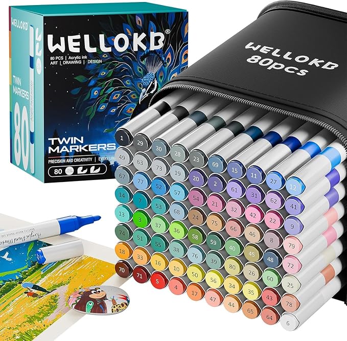 WELLOKB 80 Colors Dual Tip Brush & Fine Acrylic Paint Markers, Fabric Markers, Brush Tip Permanent Acrylic Paint Pens for Wood, Glass, Rocks, Paper, Coloring book,Ceramic,DIY Crafts for Adults
