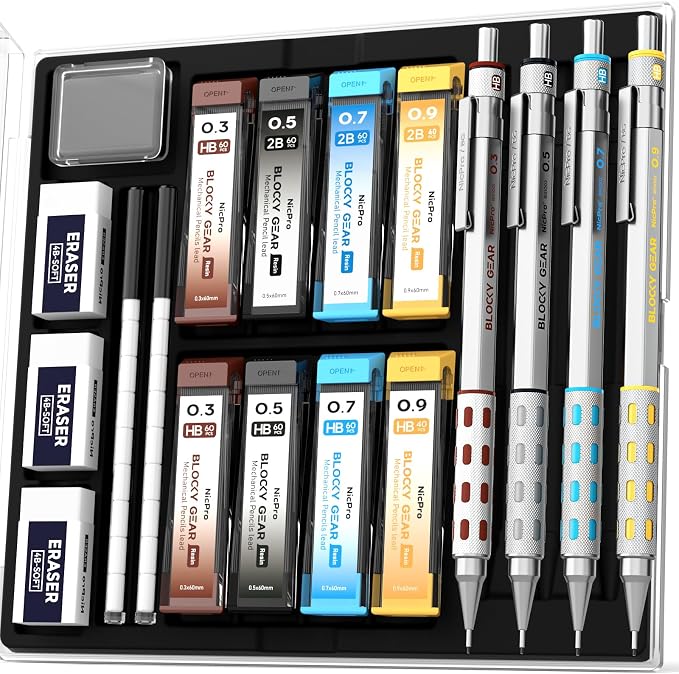 Nicpro 4 Pack Blocky Gear 0.3/0.5/0.7/0.9 mm Metal Mechanical Pencils Set