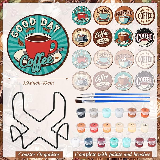 Reallnaive 8 Pcs Coffee Paint by Numbers Kit for Adults Wooden Coaster | Mini Paint by Numbers, Tiny Brown Round Oil Painting Drink Coaster with Holder, for Small DIY Craft Birthday Gift