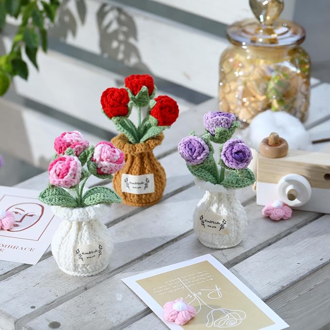 Crochet Rose Flower Potted Plant – Pink, for Her, Handmade Knitted Romantic Desk Decor