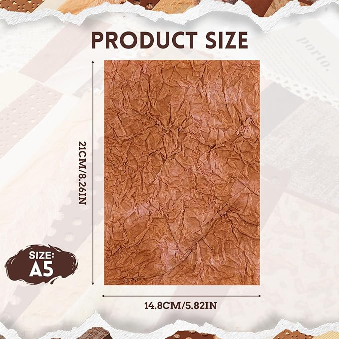 50 Sheets Unique Handmade Textured Scrapbook Paper & Mesh Fabric set - Junk Journal Supplies Craft Paper for Scrapbooking Journaling Supplies for Junk Journal Retro Crafts（Brown）