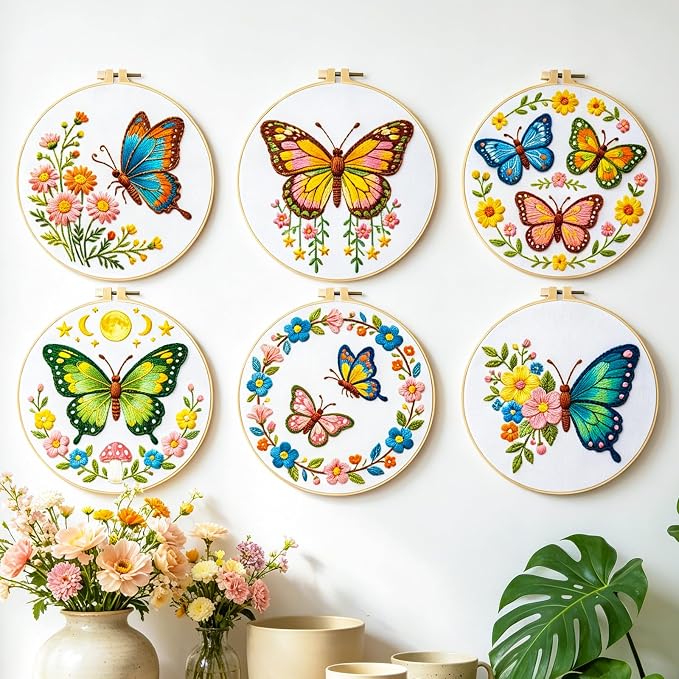 BEUNITONE 6 Set Embroidery Kit for Beginner Adults, Colorful Butterfly Floral DIY Cross Stitch Set with Stamped Pattern Hoops Threads Cloth Needles, Embroidery Starter Kit for Home Decor and Gifting