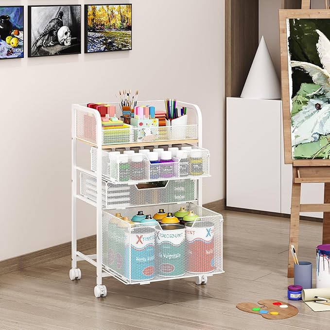 4-Tier Rolling Utility Cart with 3 Drawers-White Craft Organizers and Storage with DIY Dividers, Under Desk Cart with Lockable Wheels, Craft Cart Art Cart for Brushes Artifacts Patent Pending