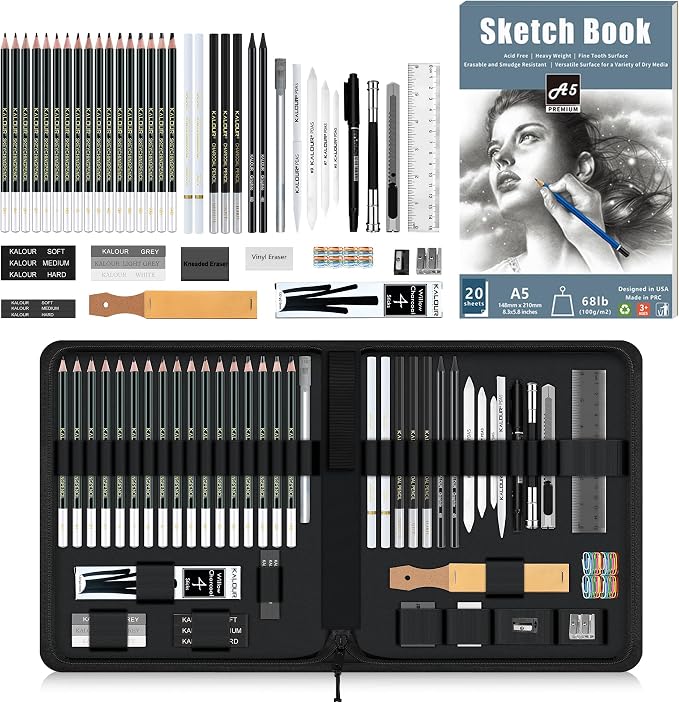 KALOUR 83-Pack Sketch Drawing Pencils Kit with Sketchbook | Graphite,Charcoal Pencils and Artists Tools,Pro Art Drawing Supplies for Adults Beginners,ideal for Sketching Shading