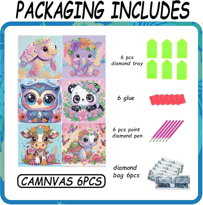 Acelii 6 Pack 5D Cartoon Diamond Painting Kits for Kids Beginners | Cute Animals DIY Diamond Art Kit for Kids,Full Round Drill Big Gem Art for Kid,Home Wall Decoration 6X6 inch