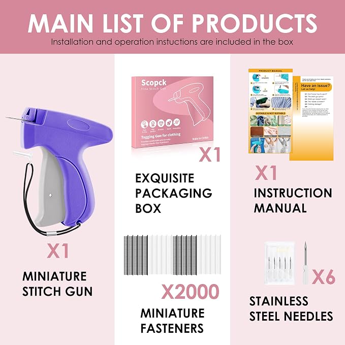 Stitch Gun for Clothes - Handheld Stitch Gun Quick Clothing Fixer - Mini Sewing Kit Micro Tagging Gun - Includes 6 Needle, 1000 Black Fasteners & 1000 White Fasteners