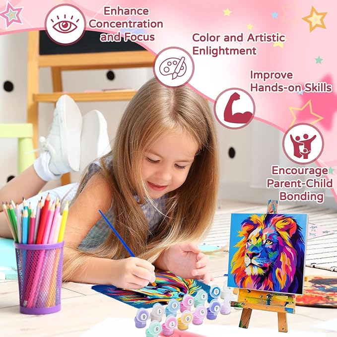 cviokrdu 4 Pack Paint by Numbers Kit for Kids with Frame - Wooden Easel, Animal Paint by Numbers for Kids Ages 4 8 12, Easy Animals Acrylic Oil Painting Kits for Home Wall Decoration 8x8 inch