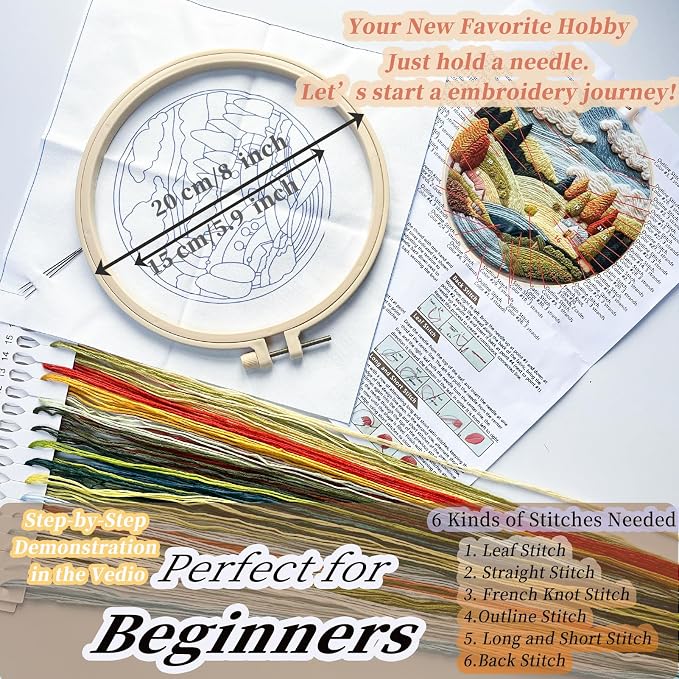 FONNUY Embroidery Kit for Beginners, Nature Hills Landscape Pre-Stamped Pattern Kits for Adults with Hoop, Easy to Follow Color Thread Needlework, 8'' Hoop (Scenic)