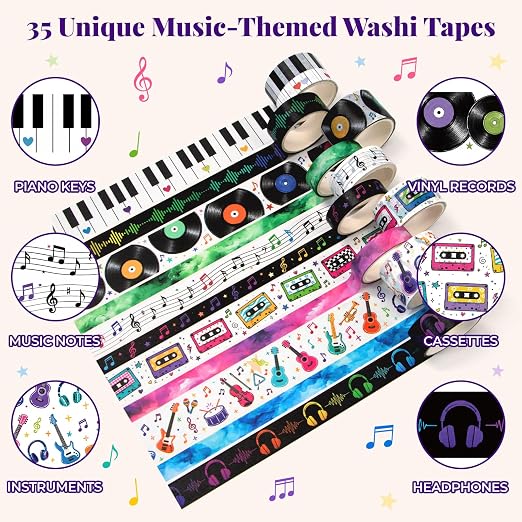 Music Washi Tape Set, 35 Rolls Decorative Washi Tape with Gradient Foil, Music Notes, Piano Keys, Cassette Tape Designs for Journaling, Scrapbooking, Planner, Card Making, DIY Crafts & Gift Wrapping
