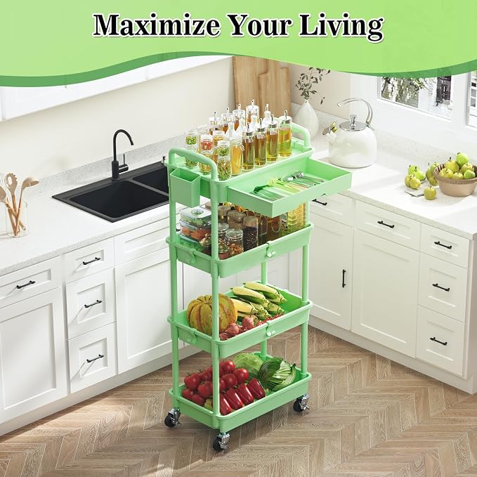 SUNALLY 4 Tier Rolling Cart with Drawer, Craft Storage Cart Organizer,Green