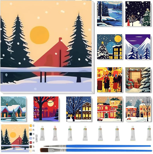 Nezyo 12 Sets Paint by Numbers Kit with Frame for Adult, 8 X 8 Inch | Easy DIY Acrylic Painting for Beginners, Ideal Birthday Gift, Art Party Classroom Activity, Winter Holiday Themed Canvas
