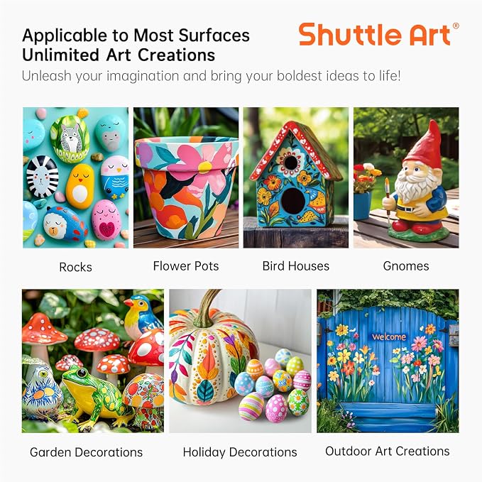 Shuttle Art Outdoor Acrylic Paint Set, 12 Colors Waterproof Paint, 8.45oz/250ml Large Bottles, Rich Pigmented Bulk Painting Supplies for Artists, Beginners on Rocks, Wood, Wall, Crafts, Garden Statues | Highly pigmented, non-toxic acrylic paints in bot...
