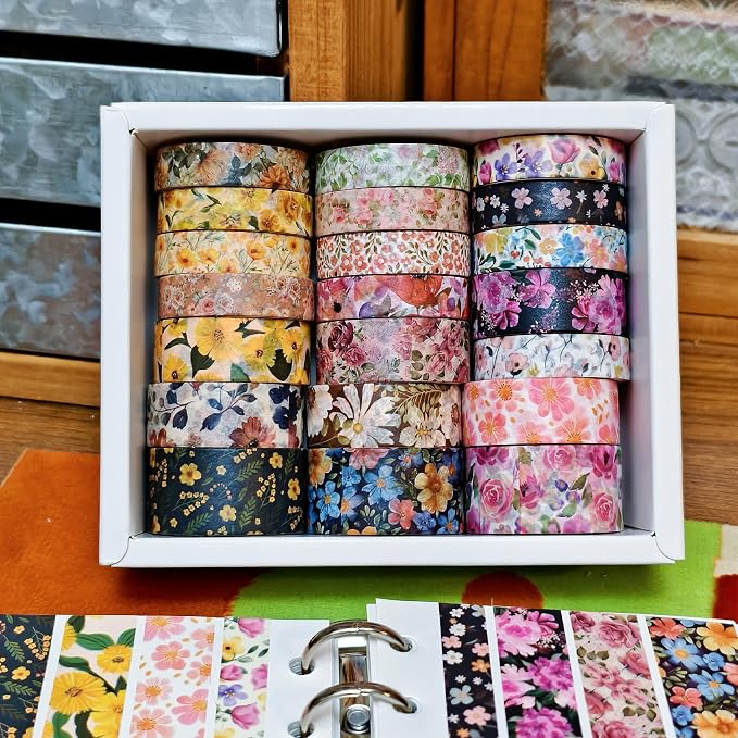 21 Rolls Yellow Floral Washi Tape Set - Retro Sunflower/Daisy/Rose Pattern Decorative Tape for Scrapbooking, Journaling, Junk Journal, Craft Supplies, Romantic Aesthetic Gift for Handmade Lovers