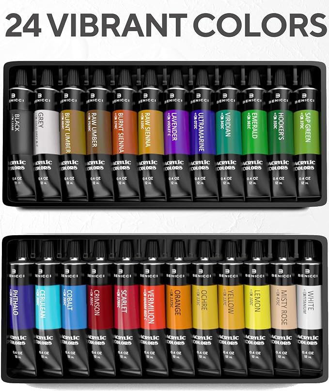 Complete Acrylic Paint Set – 24х Rich Pigment Colors – 12x Art Brushes with Bonus Paint Art Knife & Sponge – for Painting Canvas, Clay, Ceramic & Crafts, Non-Toxic & Quick Dry – for Kids & Adults