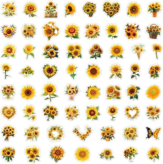 60 Pcs Sunflower Stickers, Transparent Waterproof Vinyl Decals, Aesthetic Floral Stickers for Journaling, Scrapbooking, Laptop, Water Bottle, Phone Case, Happy Theme Decoration(Colourful-F8)