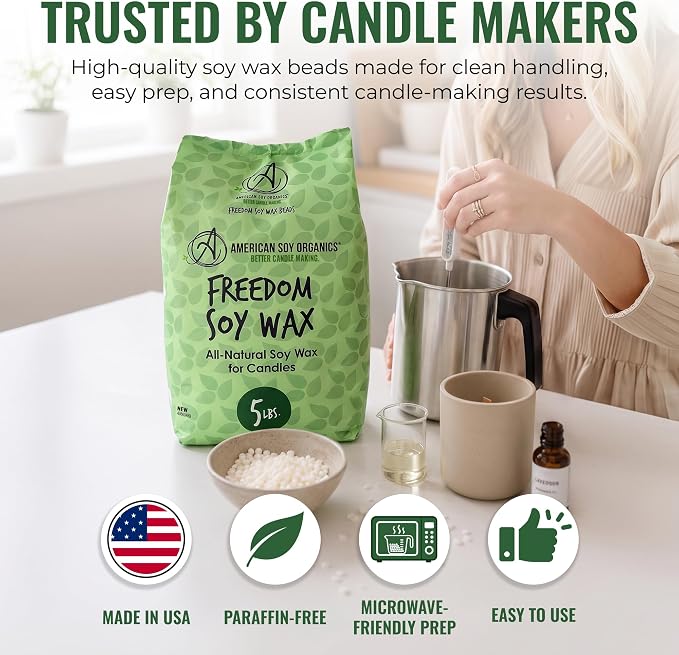 American Soy Organics Freedom Soy Wax Beads, All-Natural Candle Wax, 5 lbs | DIY Candle Making Supplies Ideal for Container Candles, Tealights & Wax Melts, Paraffin-Free, Beeswax-Free, Microwavable